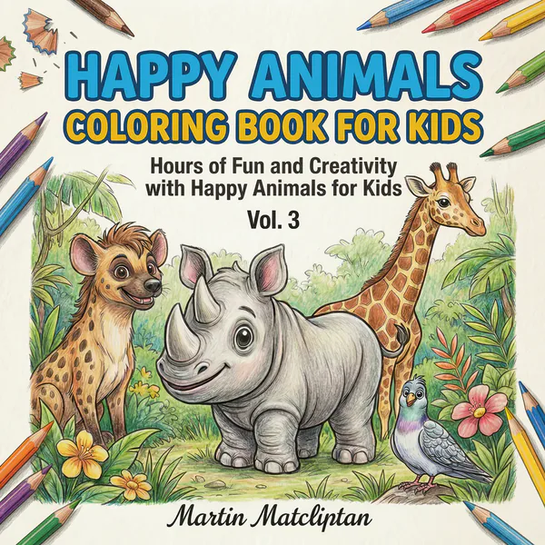 Cover of Happy Animals Coloring Book for Kids Vol. 3.