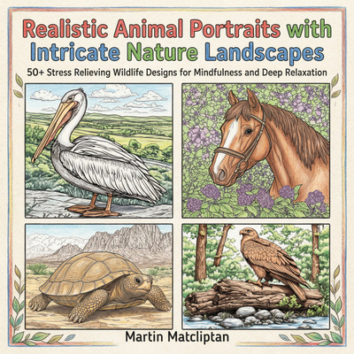 Realistic animal portraits of a horse and eagle. Intricate nature landscapes for deep relaxation.