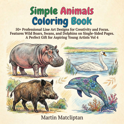 Realistic hippo, swan, and patterned dolphin line art for adult stress-relief. Intricate professional designs.