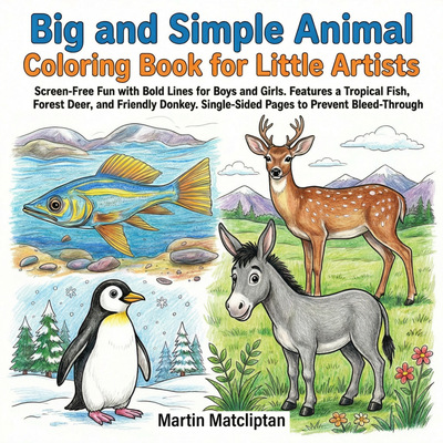 Big and simple tropical fish and penguin. Bold lines for screen-free fun for little artists.