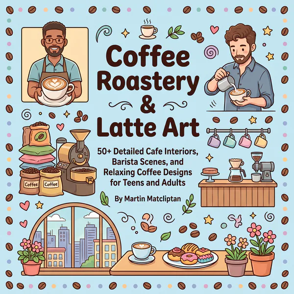 Cover of Coffee Roastery and Latte Art Coloring Book.